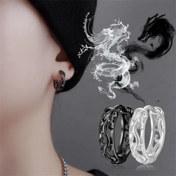 Vintage Punk Creative Hollow Black Gold Dragon Hoops Accessories 925 silver