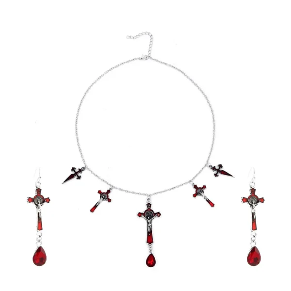 Dark Gothic Bat Cross Pendant Earrings Necklace Set Accessories Bats