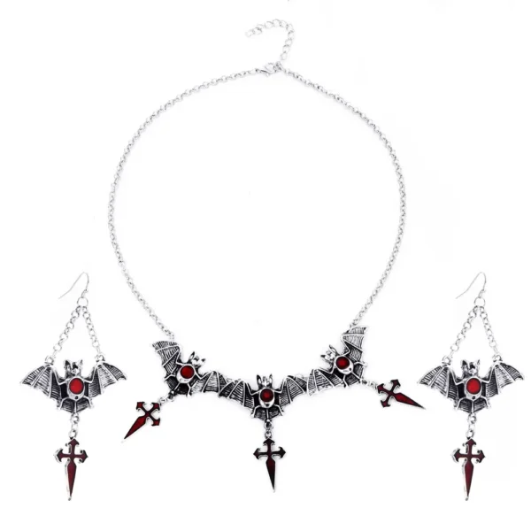 Dark Gothic Bat Cross Pendant Earrings Necklace Set