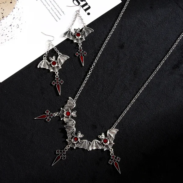 Dark Gothic Bat Cross Pendant Earrings Necklace Set Accessories Bats