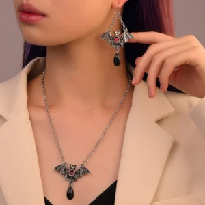 Dark Gothic Bat Cross Pendant Earrings Necklace Set Accessories Bats