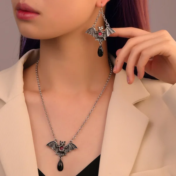 Dark Gothic Bat Cross Pendant Earrings Necklace Set Accessories Bats