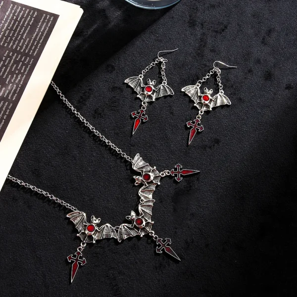 Dark Gothic Bat Cross Pendant Earrings Necklace Set Accessories Bats