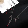 Dark Gothic Bat Cross Pendant Earrings Necklace Set Accessories Bats