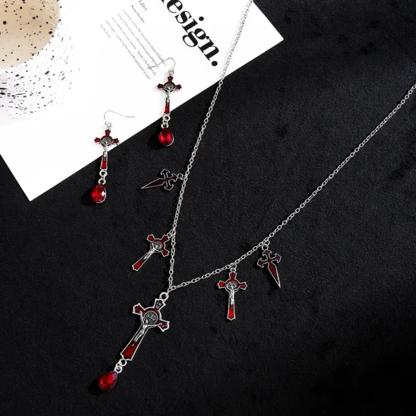 Dark Gothic Bat Cross Pendant Earrings Necklace Set Accessories Bats